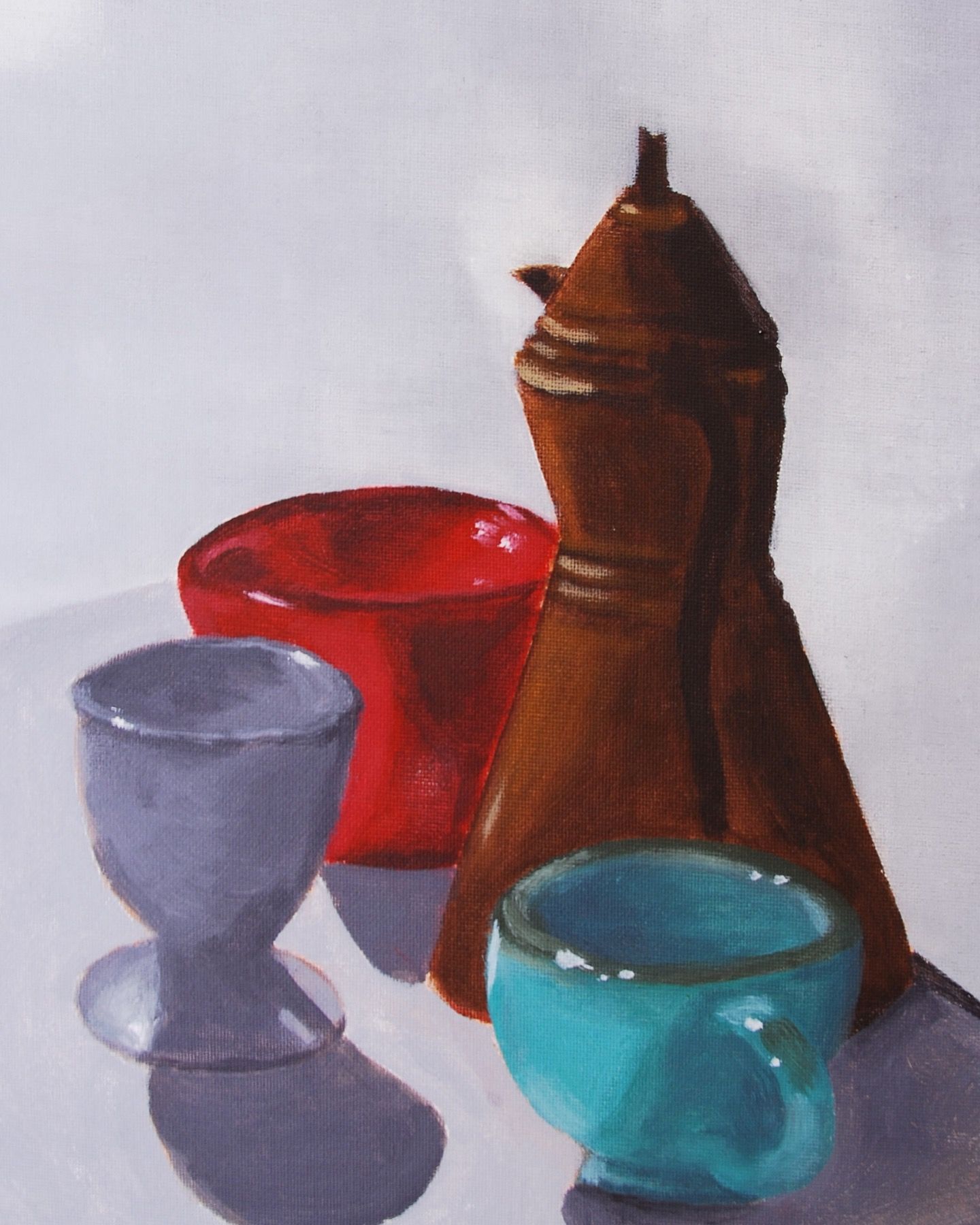 Coffee Pot. A brass coffee pot, a red bowl, an egg cup, and a turquoise mug on a white table. Acrylic on canvas board, painted from life — I painted it for the shadows.