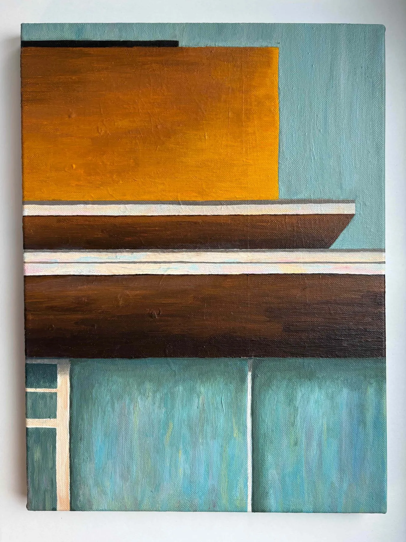 UW Madison Terrace. The Memorial Union terrace on Lake Mendota in Madison, simplified into flat blocks of warm wood and blue water. Acrylic on canvas.