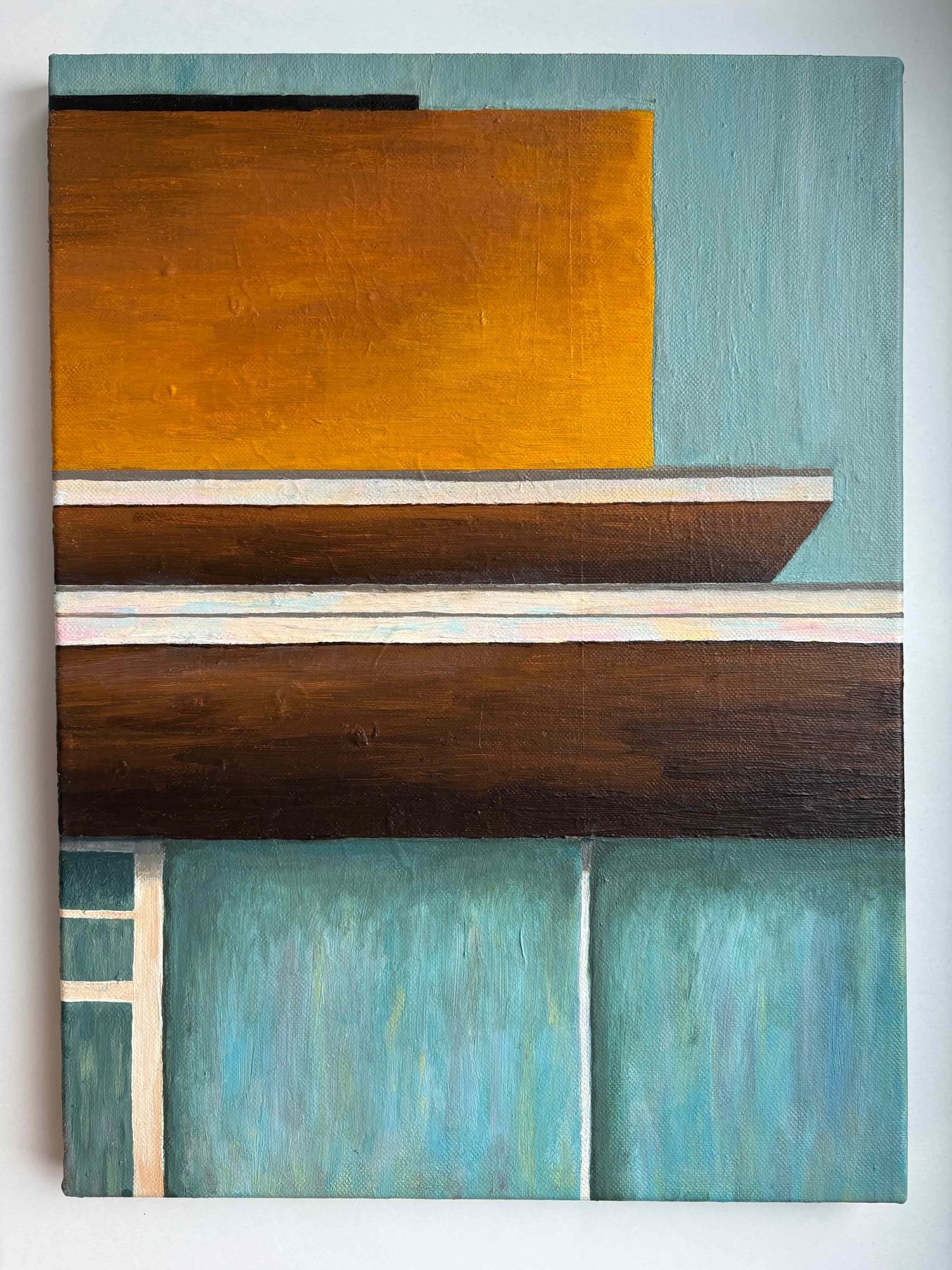 UW Madison Terrace. The Memorial Union terrace on Lake Mendota in Madison, simplified into flat blocks of warm wood and blue water. Acrylic on canvas.