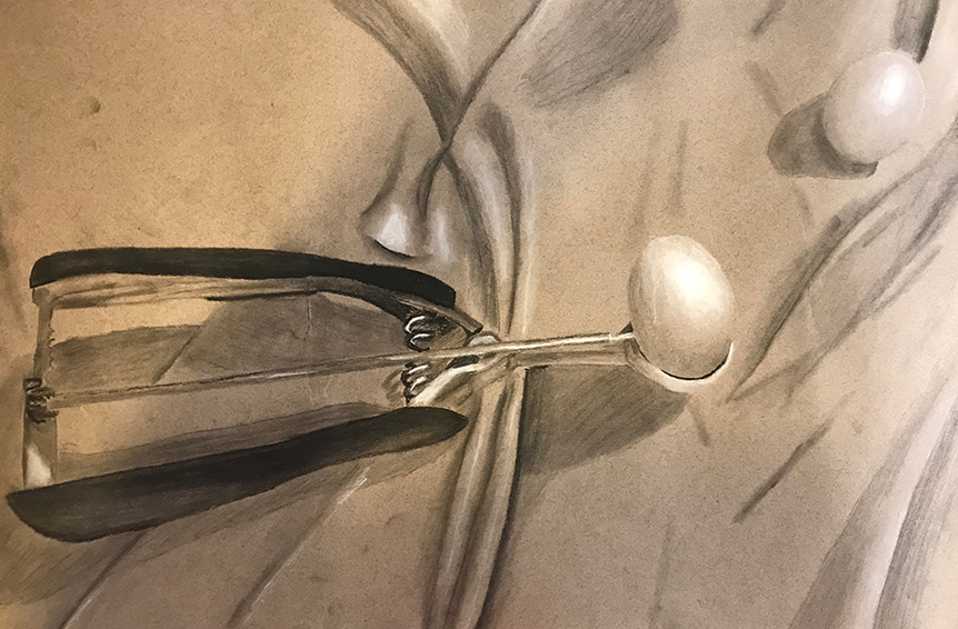 Egg Beater. A hand egg beater and a couple of eggs, drawn on toned paper with the highlights brought back in white chalk. The metal and its reflections were the part I liked.