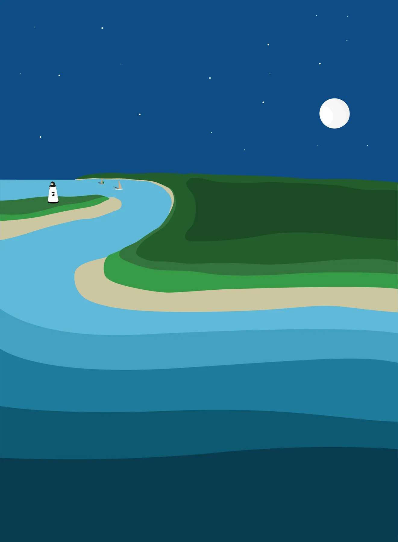 Chappy. An illustration of Chappaquiddick on Martha's Vineyard, with the lighthouse and a low full moon over the channel. I drew it in flat bands of color to keep it simple.