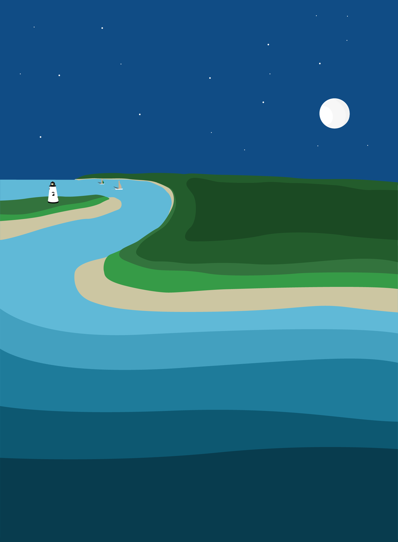Chappy. An illustration of Chappaquiddick on Martha's Vineyard, with the lighthouse and a low full moon over the channel. I drew it in flat bands of color to keep it simple.