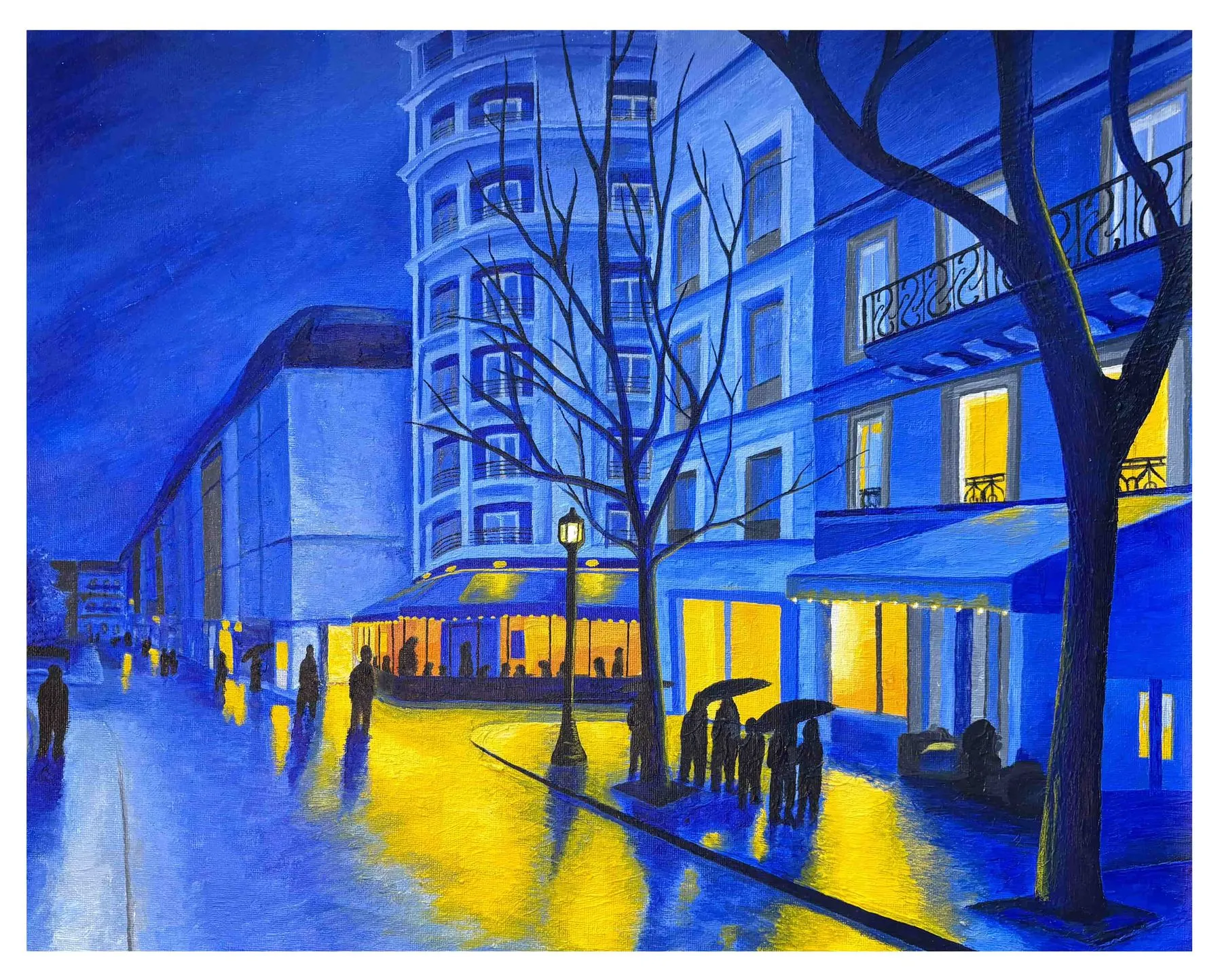 An Evening in Paris. A Paris street at dusk, the lit windows and street lamps against a deep blue sky. Acrylic on canvas, from a photo I took — I painted it for the reflections.