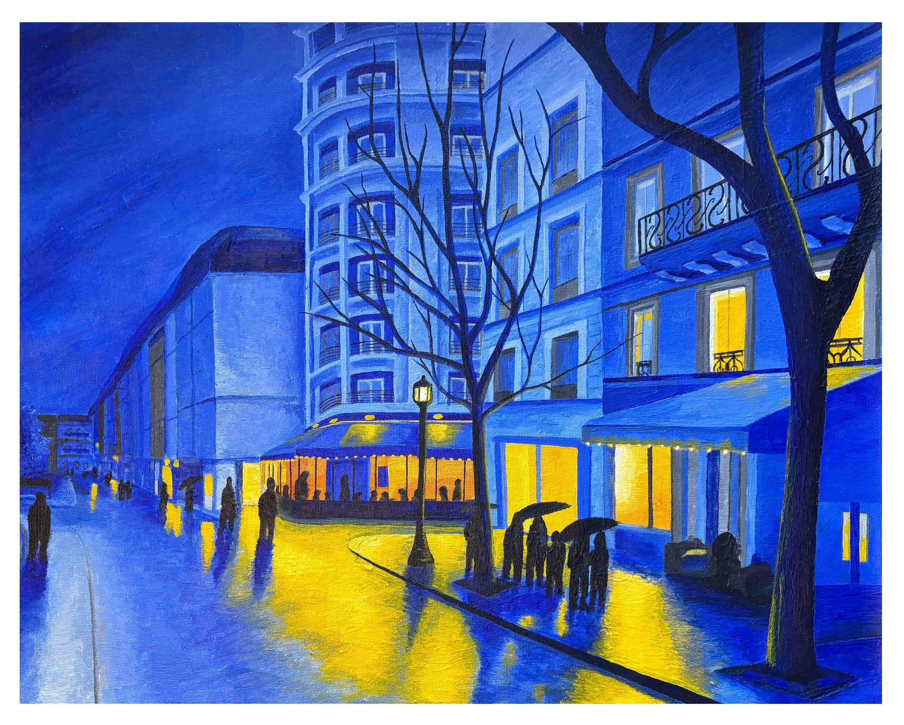 An Evening in Paris. A Paris street at dusk, the lit windows and street lamps against a deep blue sky. Acrylic on canvas, from a photo I took — I painted it for the reflections.