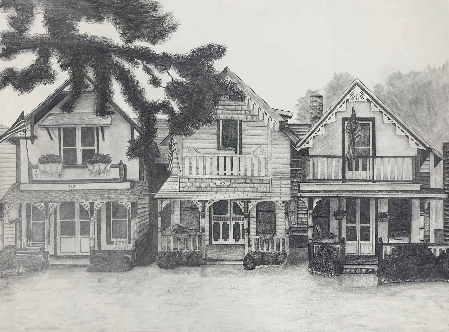 Painted Ladies. A row of the gingerbread cottages in Oak Bluffs, on Martha's Vineyard, drawn in graphite from observation — all line and shadow, no color. Probably the most detailed drawing I've done by hand.