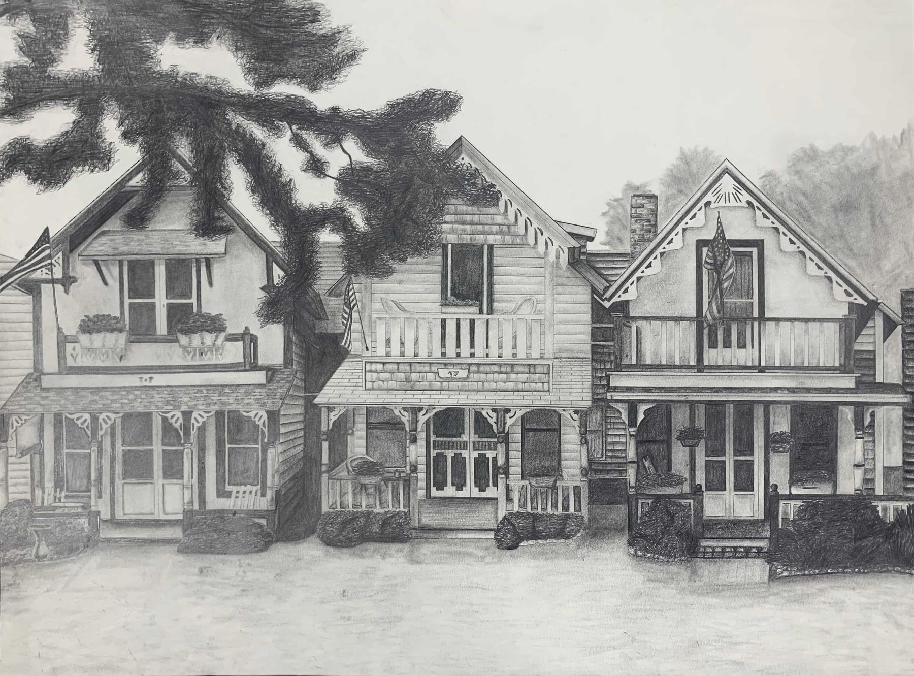 Painted Ladies. A row of the gingerbread cottages in Oak Bluffs, on Martha's Vineyard, drawn in graphite from observation — all line and shadow, no color. Probably the most detailed drawing I've done by hand.
