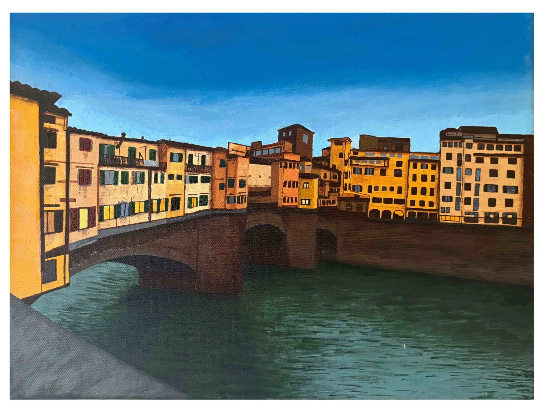 Ponte Vecchio, Day. The Ponte Vecchio in Florence, its row of shops reflected in the Arno. Acrylic on canvas, painted from a photo I took in Italy.