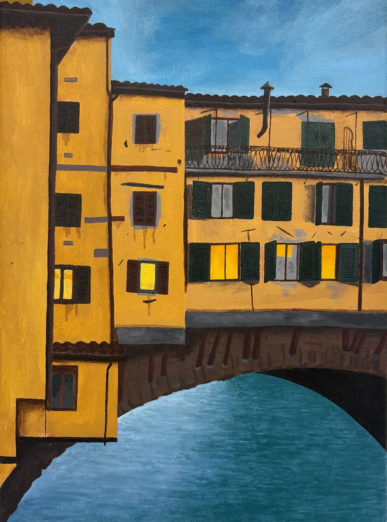 Ponte Vecchio, Dusk. The Ponte Vecchio in Florence at dusk — a closer, vertical look at the gold buildings and the arch over the green water. Acrylic on canvas, a companion to the daytime version.