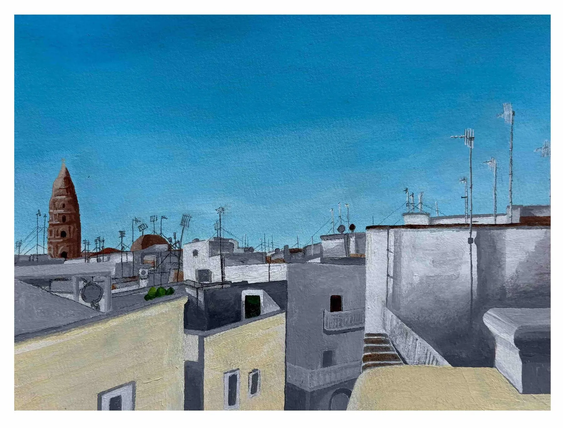 Monopoli Rooftops. The old town rooftops in Monopoli, down in Puglia — the antennas and the bell tower under a high midday sun. Acrylic on paper, painted from a photo I took in Italy.