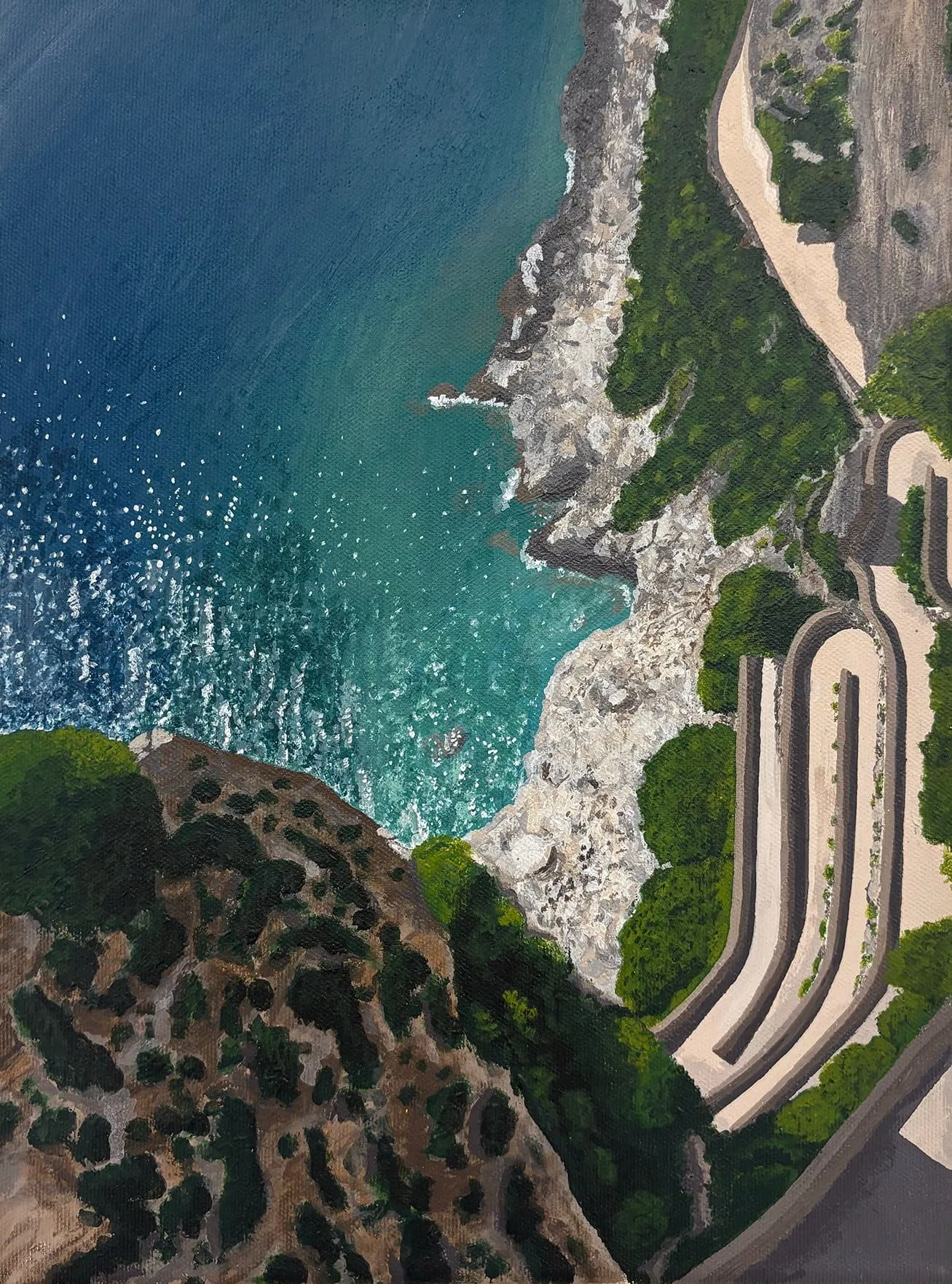 Capri. The view down from the Giardino di Augusto in Capri, over the switchbacks of Via Krupp to the water. Acrylic on canvas, painted from a photo I took in Italy.