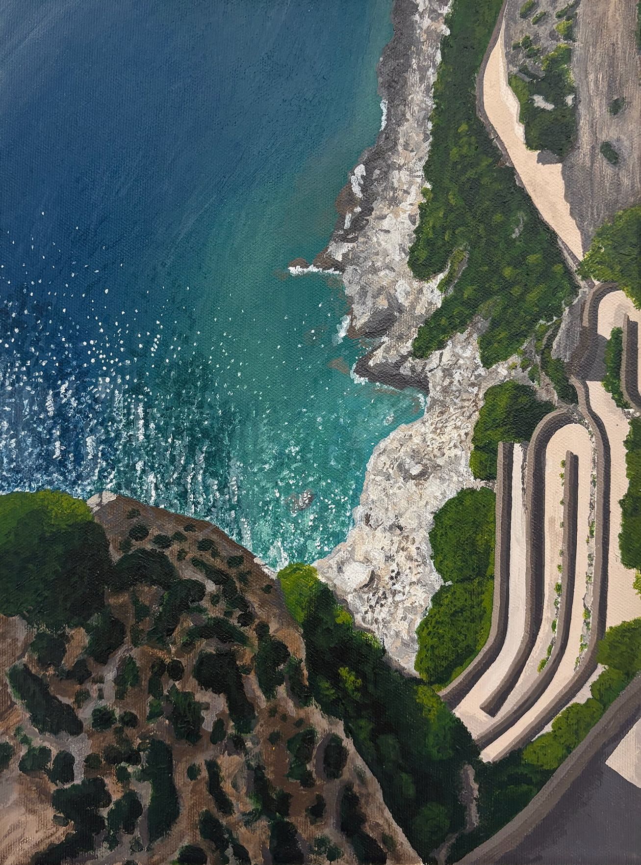 Capri. The view down from the Giardino di Augusto in Capri, over the switchbacks of Via Krupp to the water. Acrylic on canvas, painted from a photo I took in Italy.